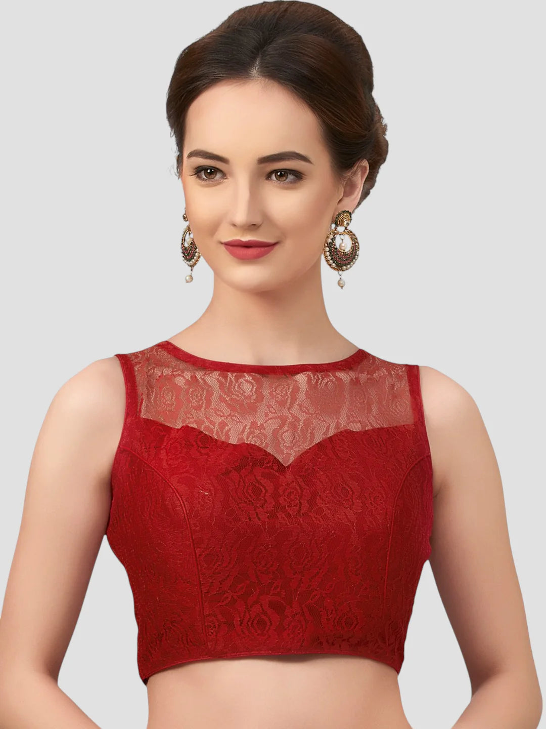 Radiant Opulence Maroon Net Floral Sleeveless Saree Blouse With Round Neckline