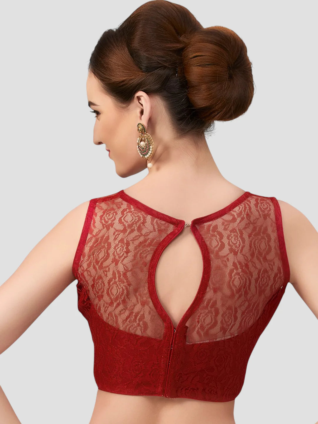 Radiant Opulence Maroon Net Floral Sleeveless Saree Blouse With Round Neckline