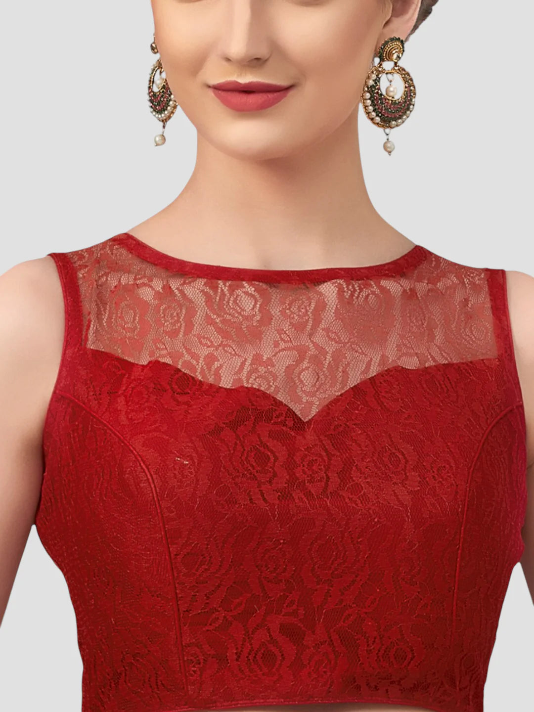 Radiant Opulence Maroon Net Floral Sleeveless Saree Blouse With Round Neckline