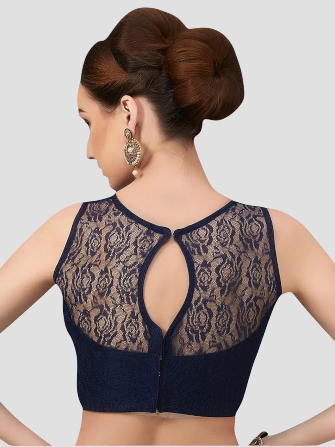 Navy Elegance Sleeveless Floral Net Saree Blouse With Round Neckline