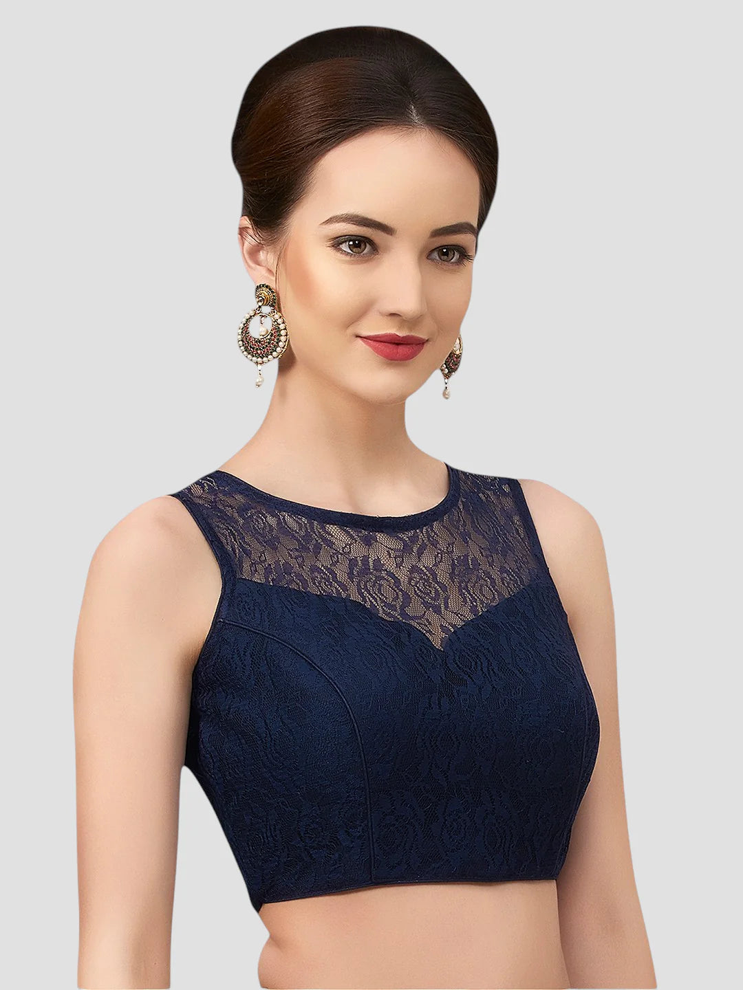 Navy Elegance Sleeveless Floral Net Saree Blouse With Round Neckline