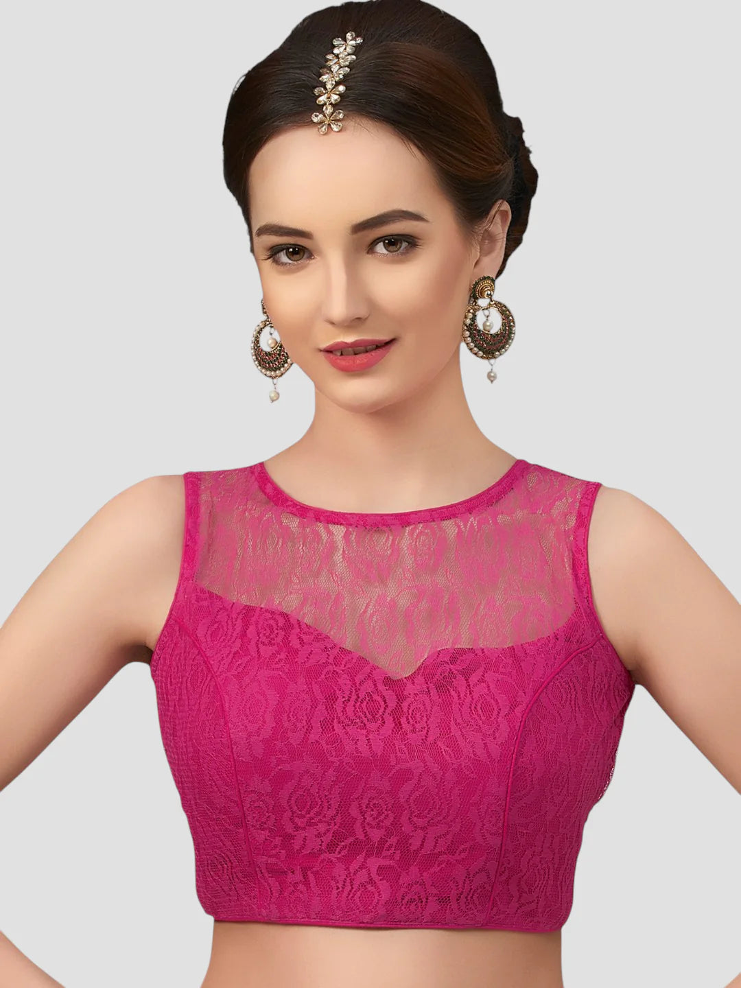 Rani Pink Radiance Sleeveless Floral Net Saree Blouse With Round Neckline