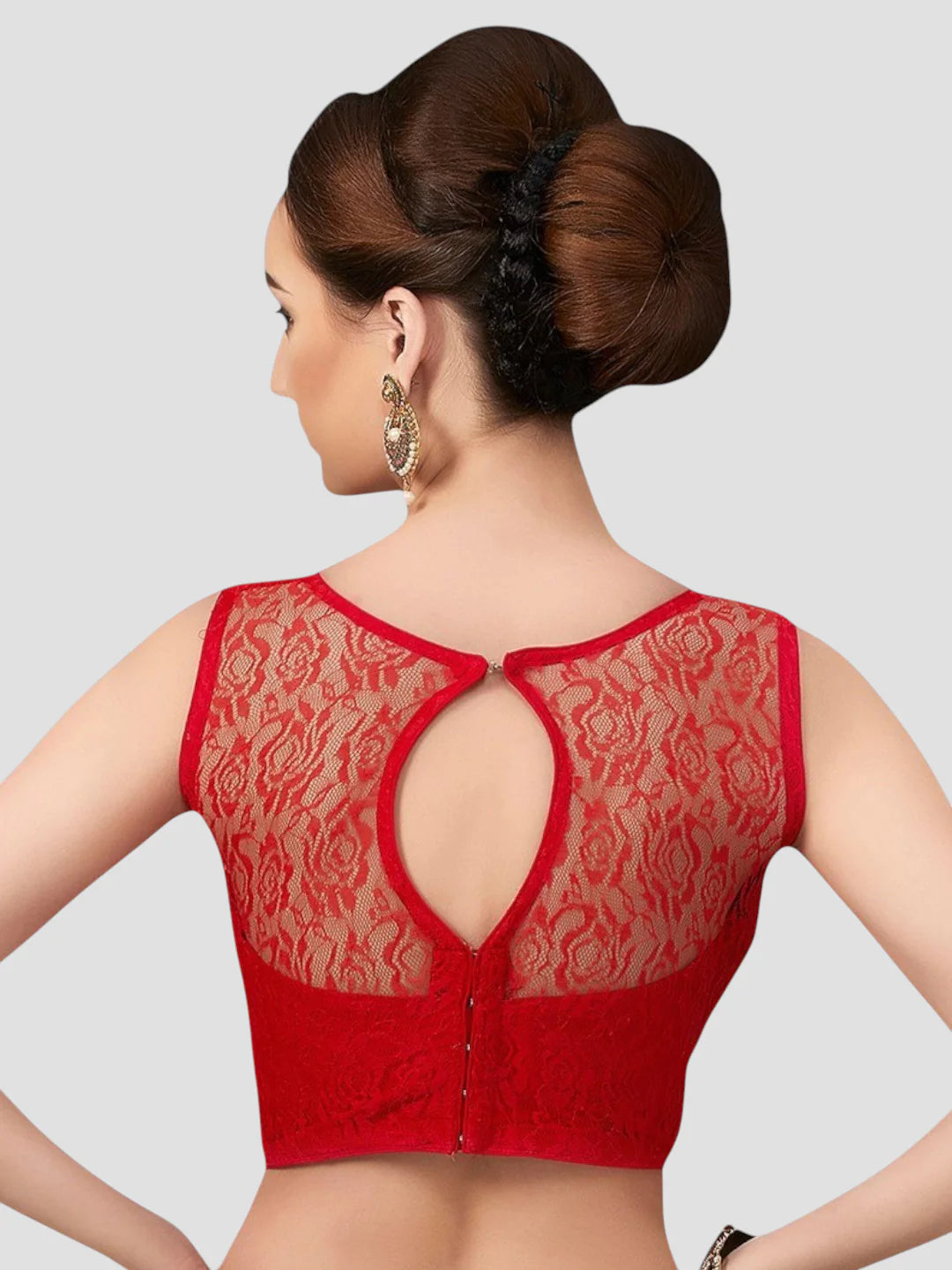 Crimson Blooms Red Sleeveless Net Saree Blouse With Round Neckline