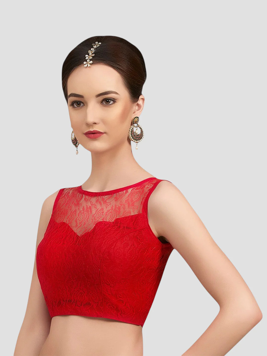 Crimson Blooms Red Sleeveless Net Saree Blouse With Round Neckline