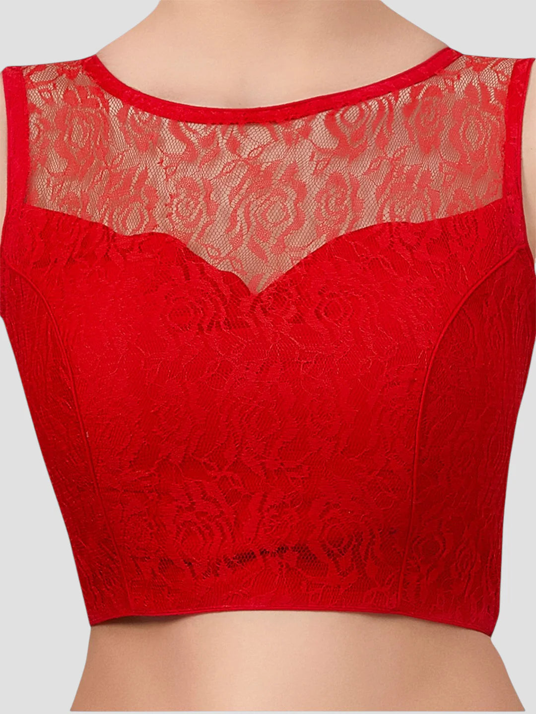 Crimson Blooms Red Sleeveless Net Saree Blouse With Round Neckline