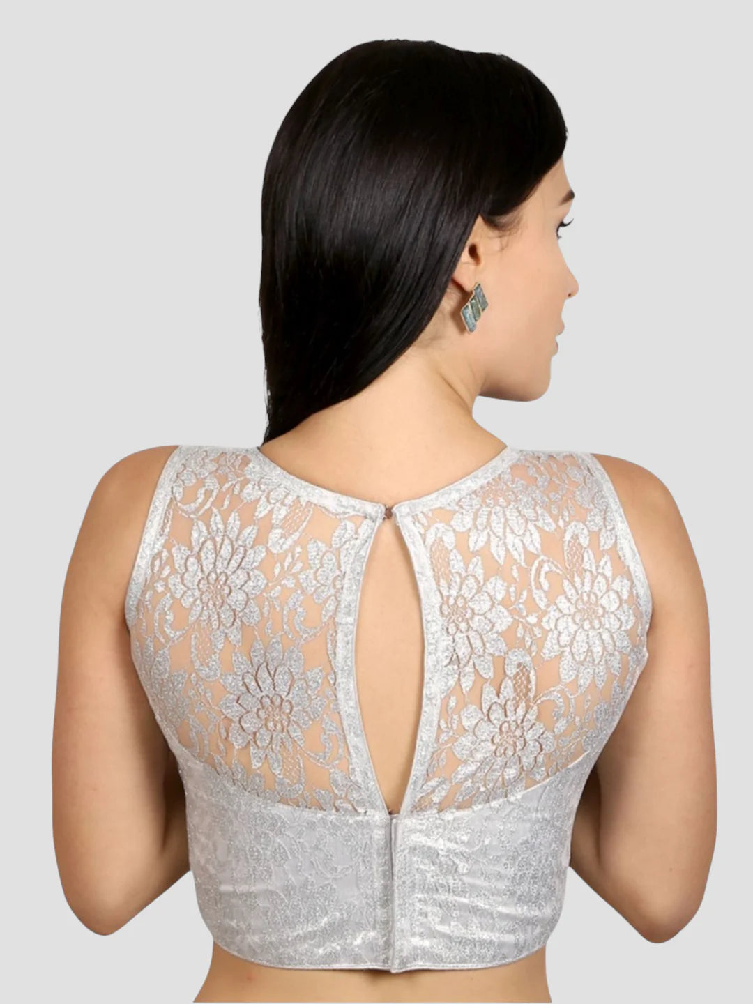 Silver Sleeveless Floral Net Saree Blouse With Round Neckline