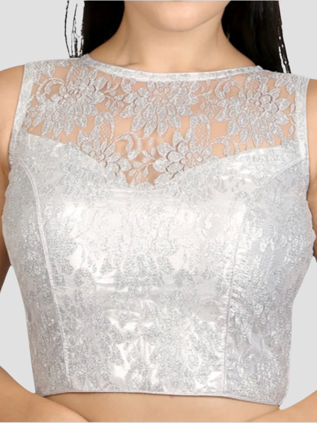 Silver Sleeveless Floral Net Saree Blouse With Round Neckline