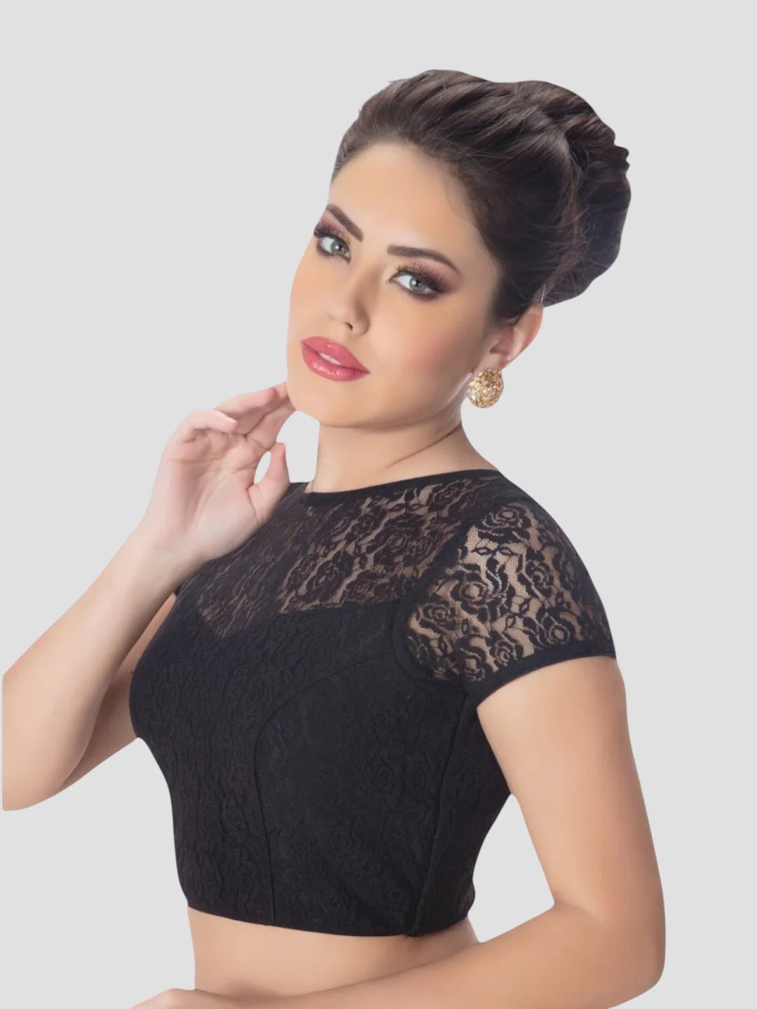 Black Net High Neck Short Sleeves Readymade Blouse With Round Neckline