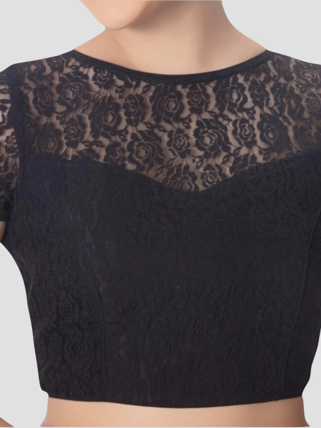 Black Net High Neck Short Sleeves Readymade Blouse With Round Neckline