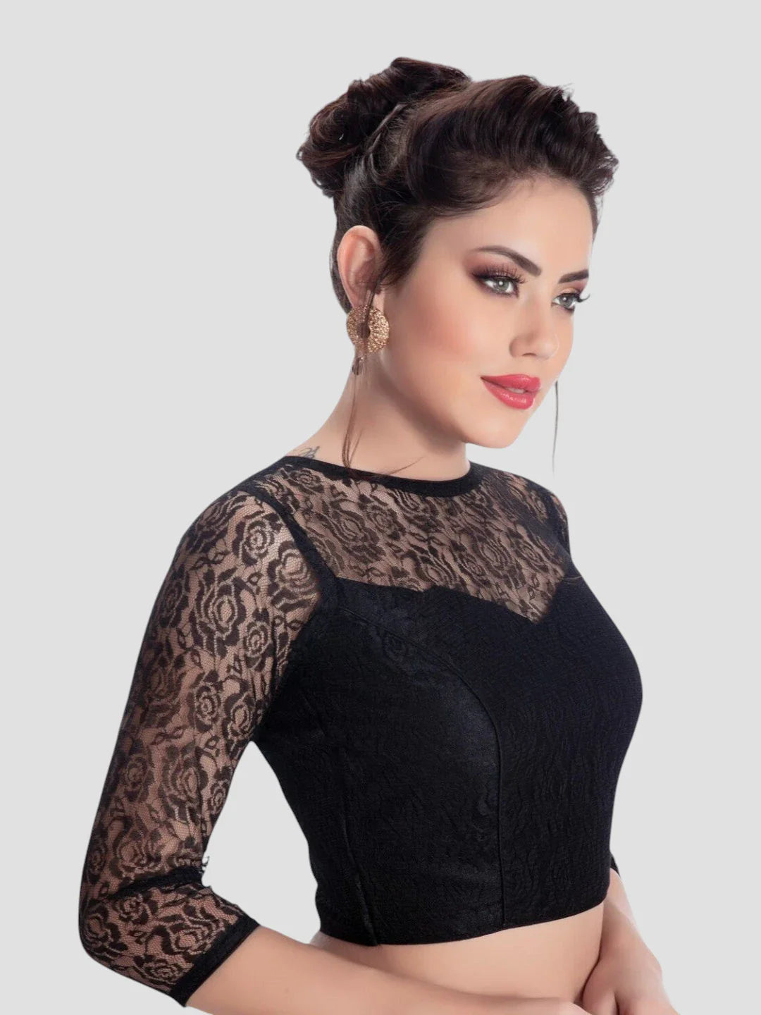 Black Net High Neck 3/4 Sleeves Readymade Blouse