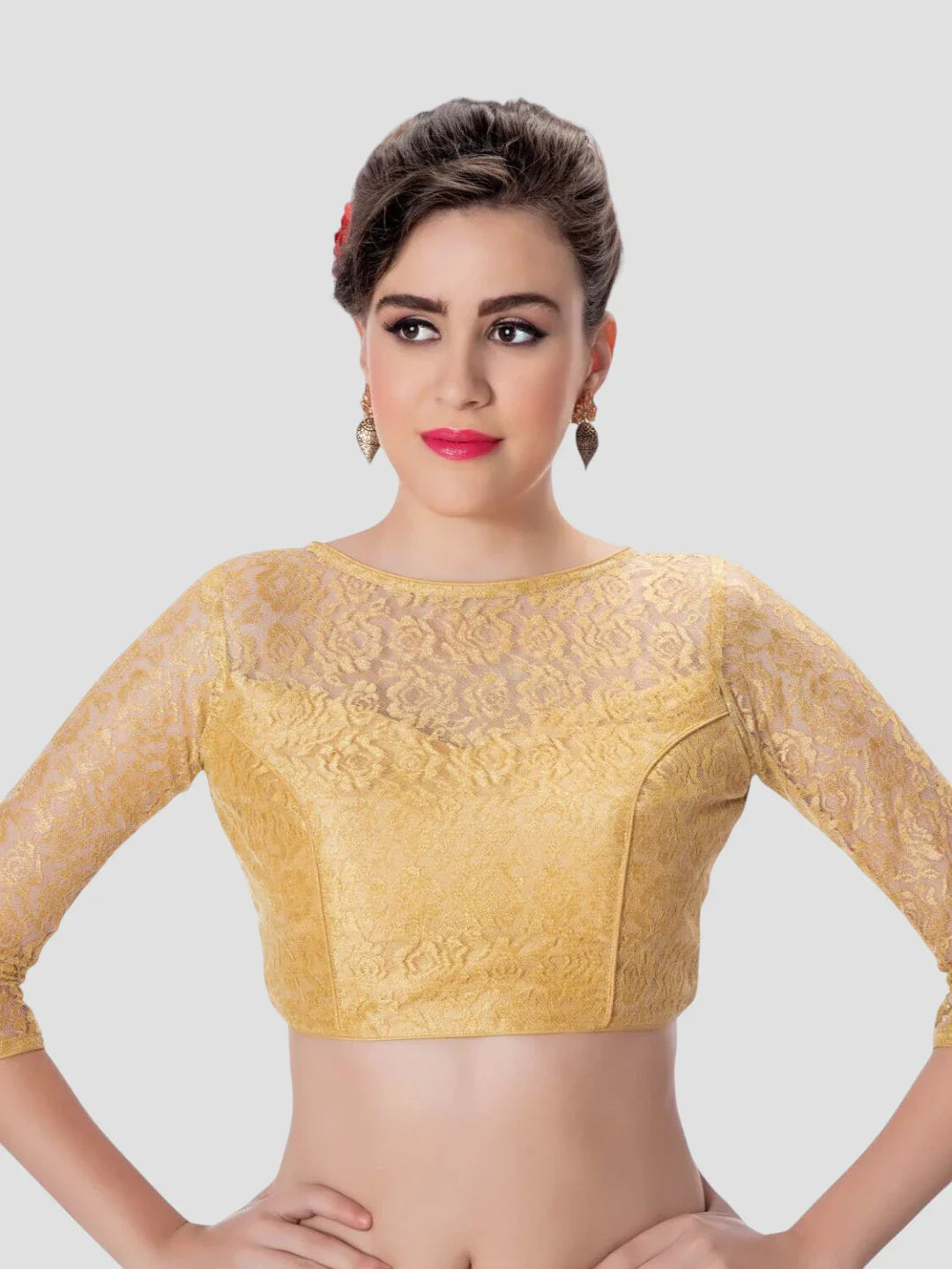 Gold Net High Neck 3/4 Sleeves Readymade Blouse