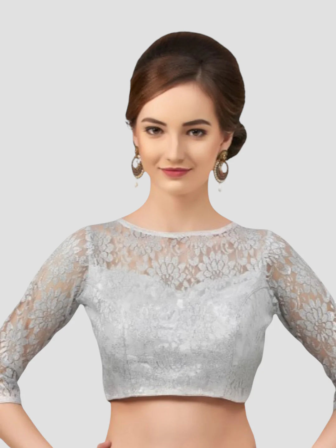 Silver Net High Neck 3/4 Sleeves Readymade Blouse