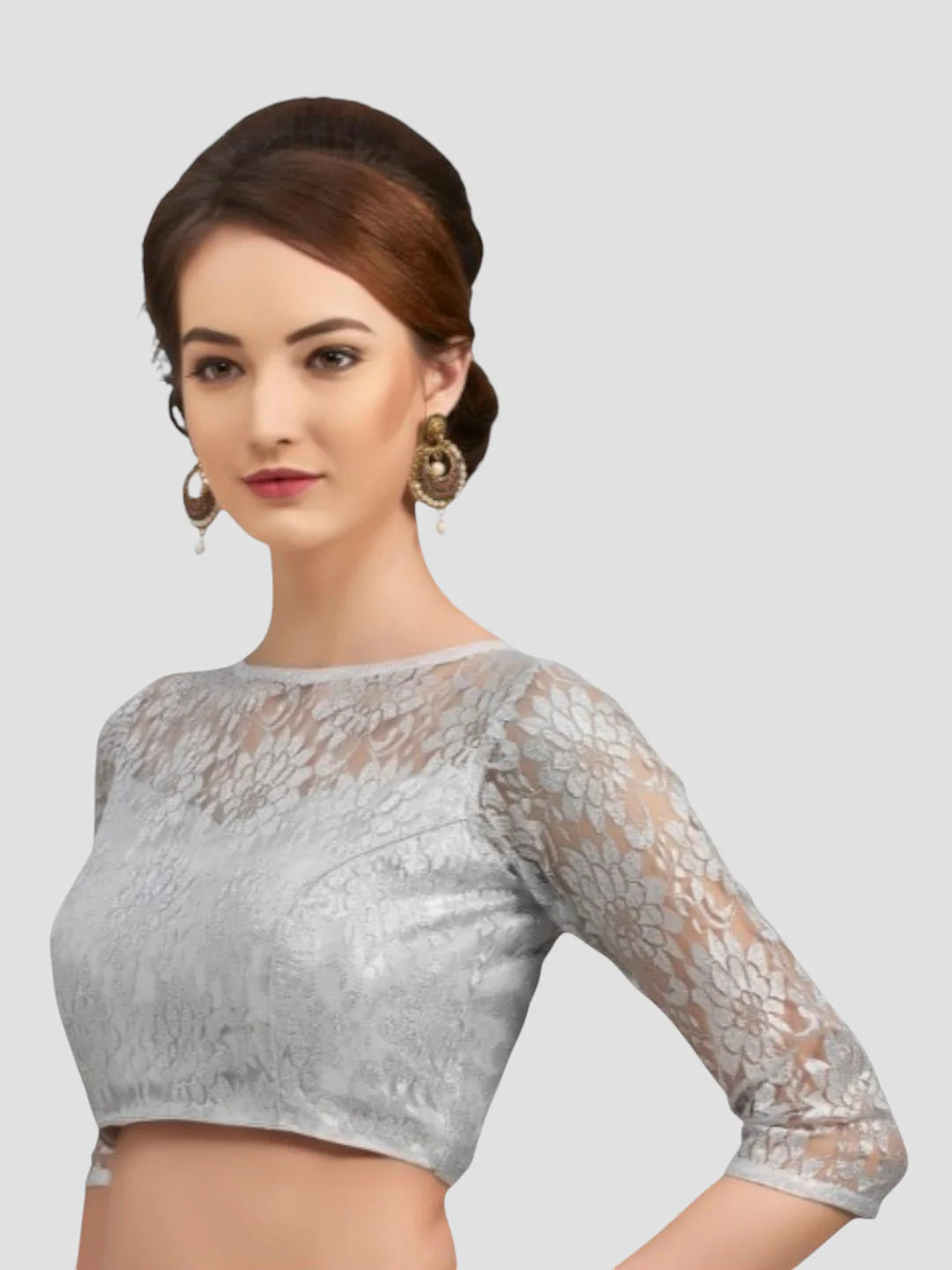 Silver Net High Neck 3/4 Sleeves Readymade Blouse