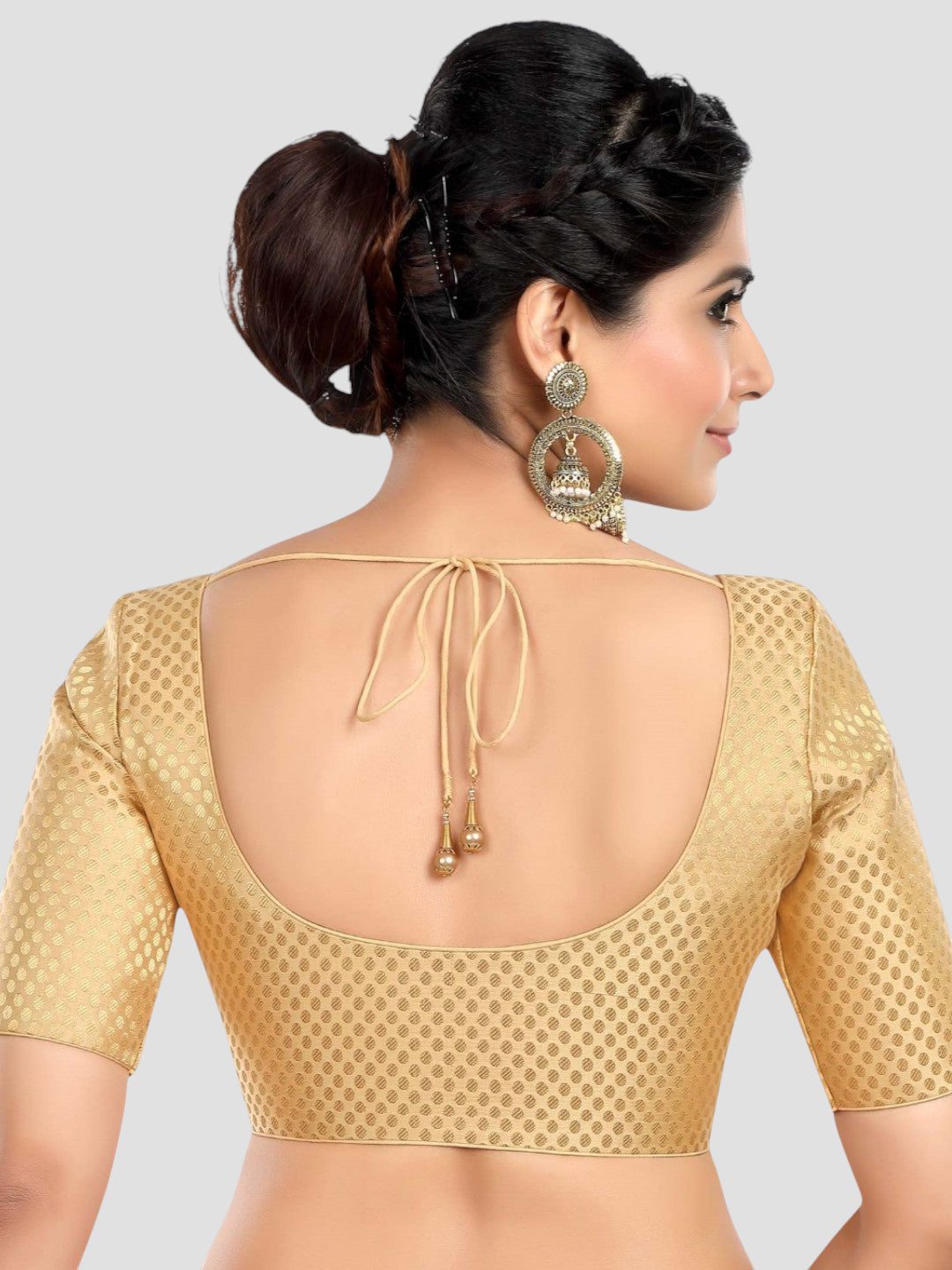 Golden Brocade Round Neck Half Sleeves Readymade Blouse