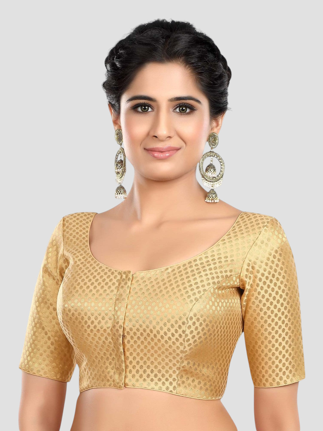 Golden Brocade Round Neck Half Sleeves Readymade Blouse