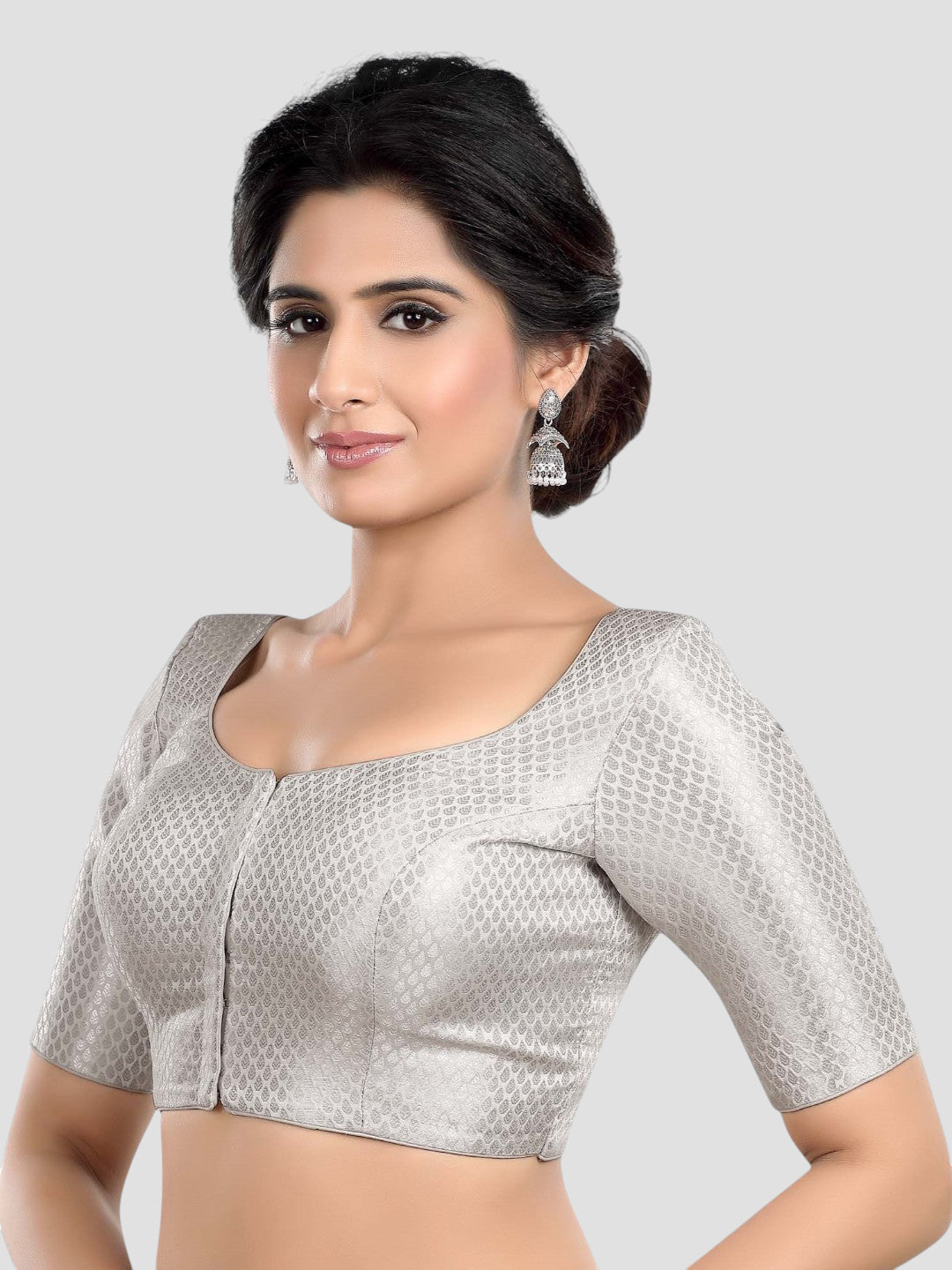 Silver Brocade Round Neck Half Sleeves Readymade Blouse
