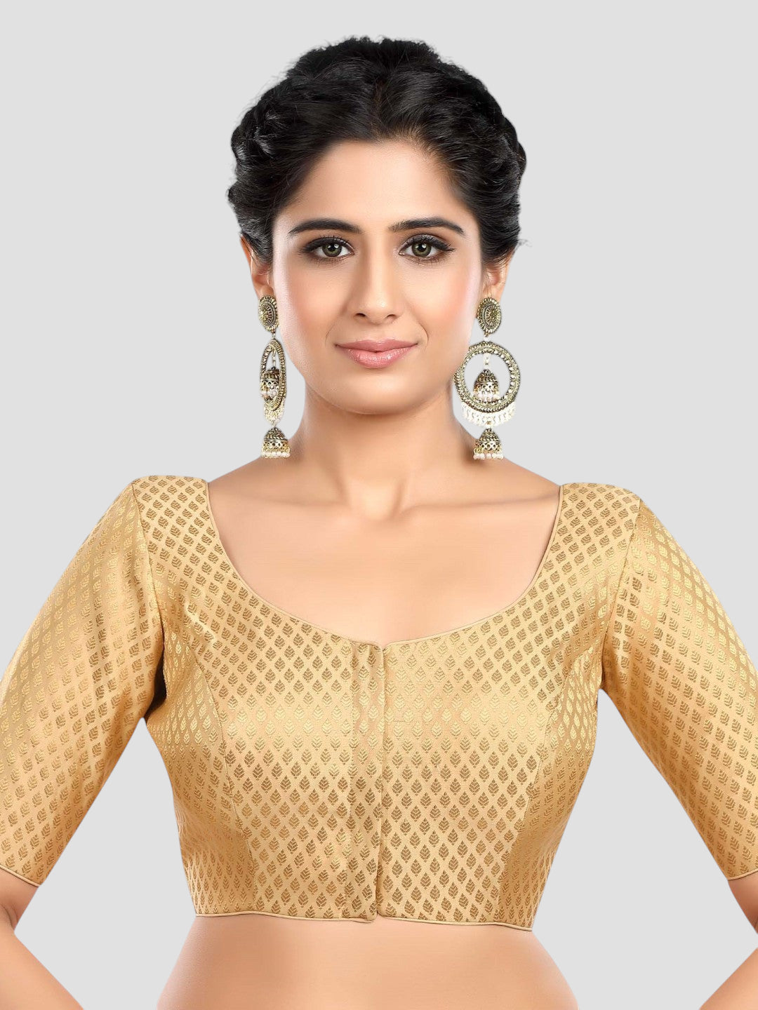 Golden Brocade Round Neck Half Sleeves Readymade Blouse