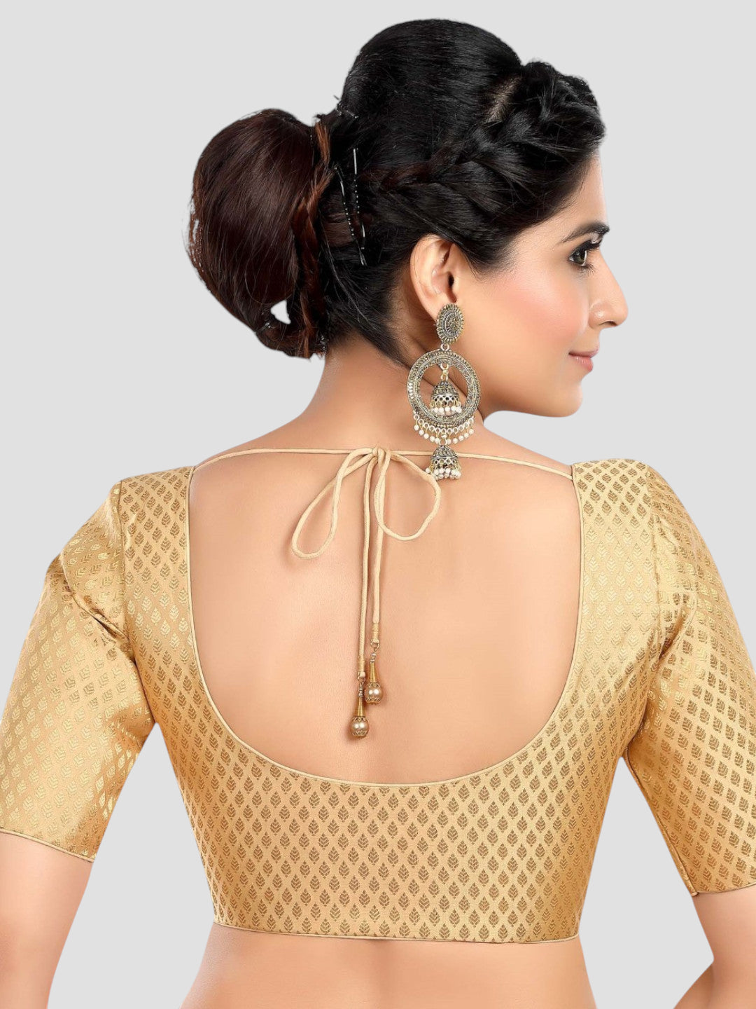Golden Brocade Round Neck Half Sleeves Readymade Blouse