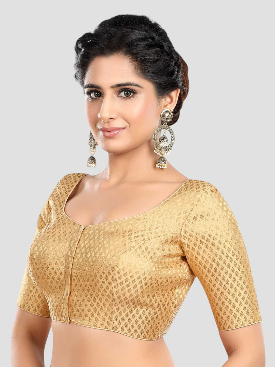 Golden Brocade Round Neck Half Sleeves Readymade Blouse