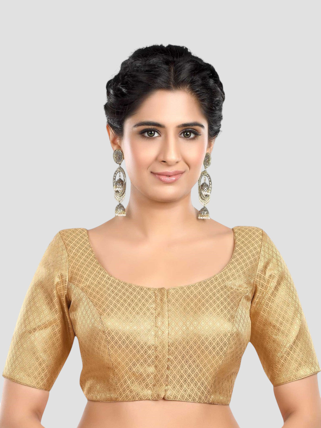 Golden Brocade Round Neck Half Sleeves Readymade Blouse