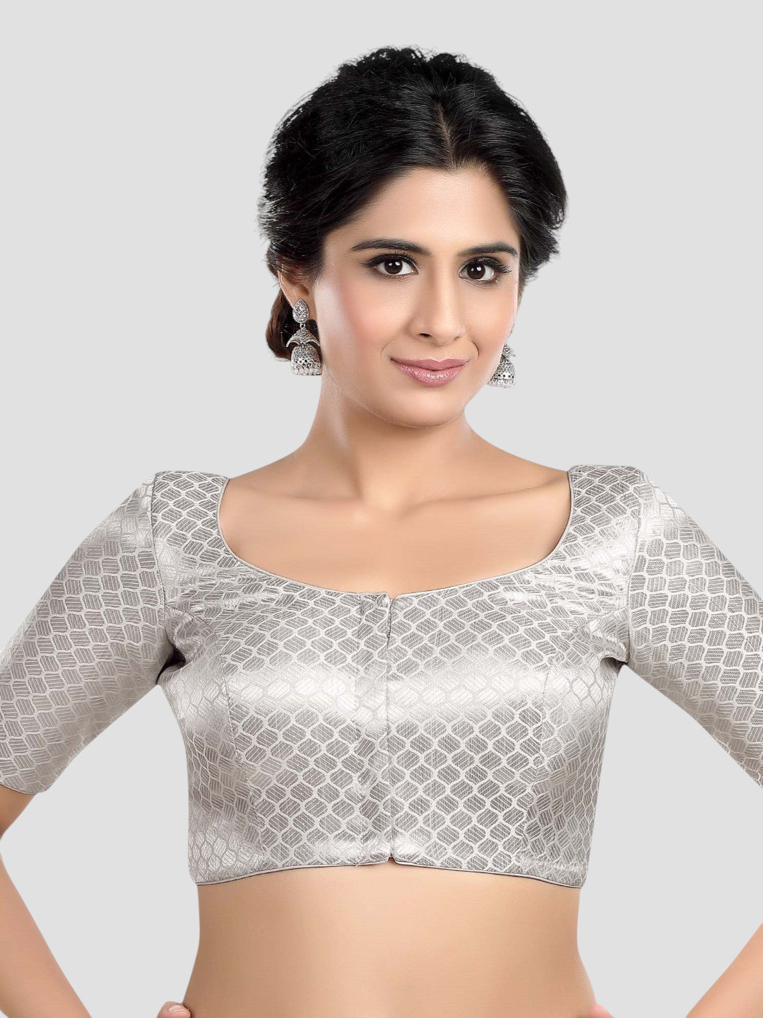Silver Brocade Round Neck Half Sleeves Readymade Blouse