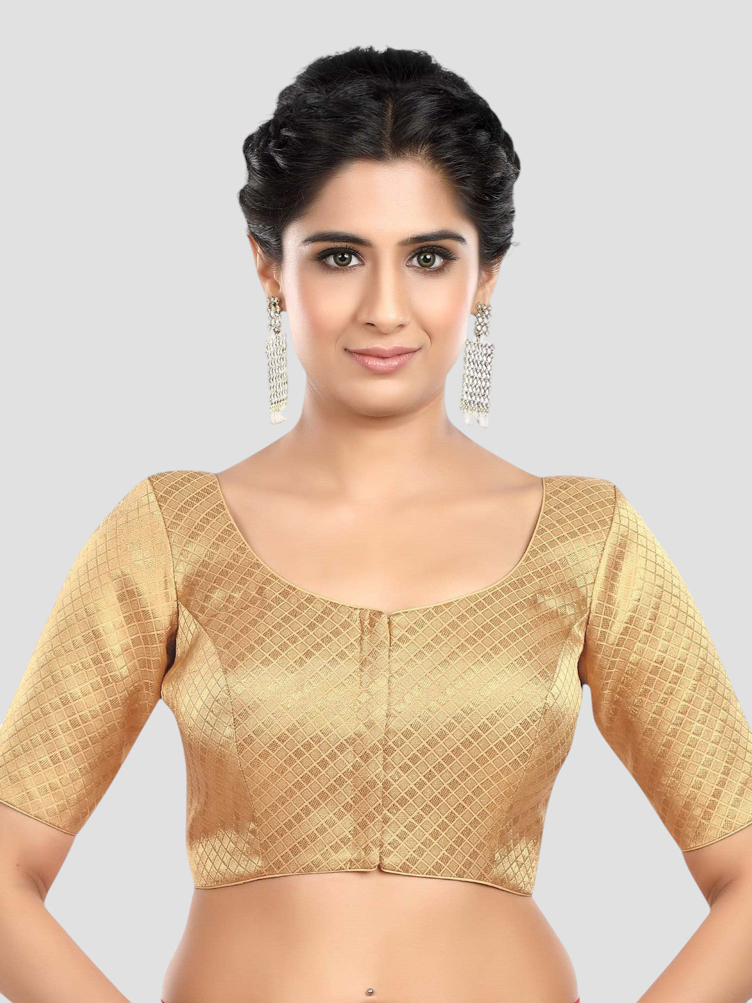 Golden Brocade Round Neck Half Sleeves Readymade Blouse
