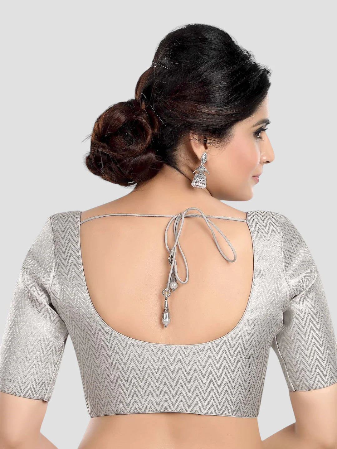 Silver Brocade Round Neck Half Sleeves Readymade Blouse