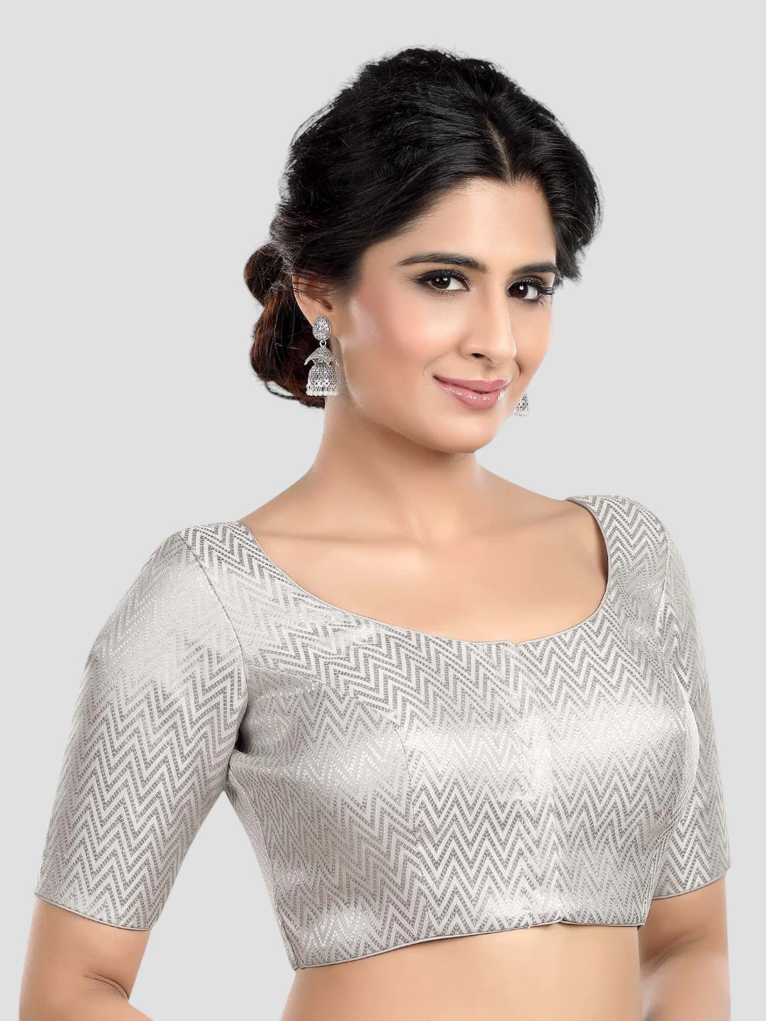 Silver Brocade Round Neck Half Sleeves Readymade Blouse