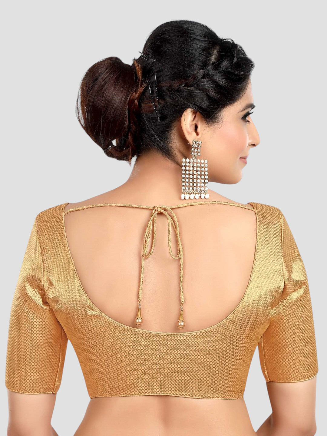 Golden Brocade Round Neck Half Sleeves Readymade Blouse
