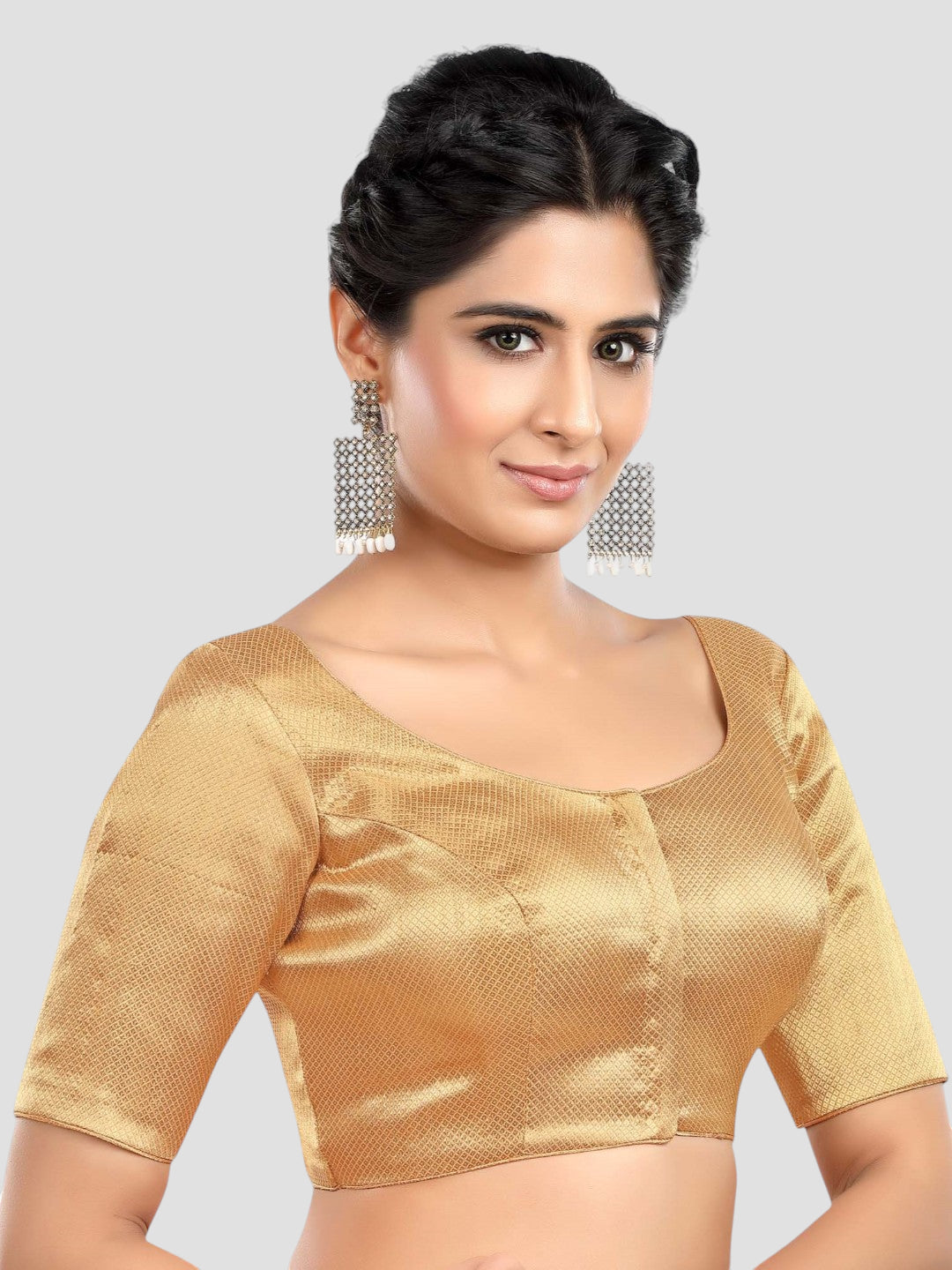 Golden Brocade Round Neck Half Sleeves Readymade Blouse