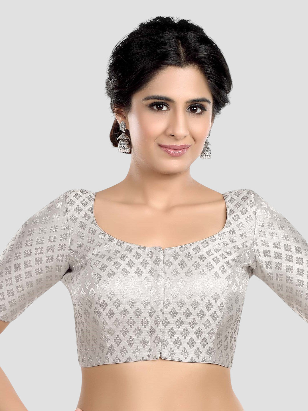 Silver Brocade Round Neck Half Sleeves Readymade Blouse