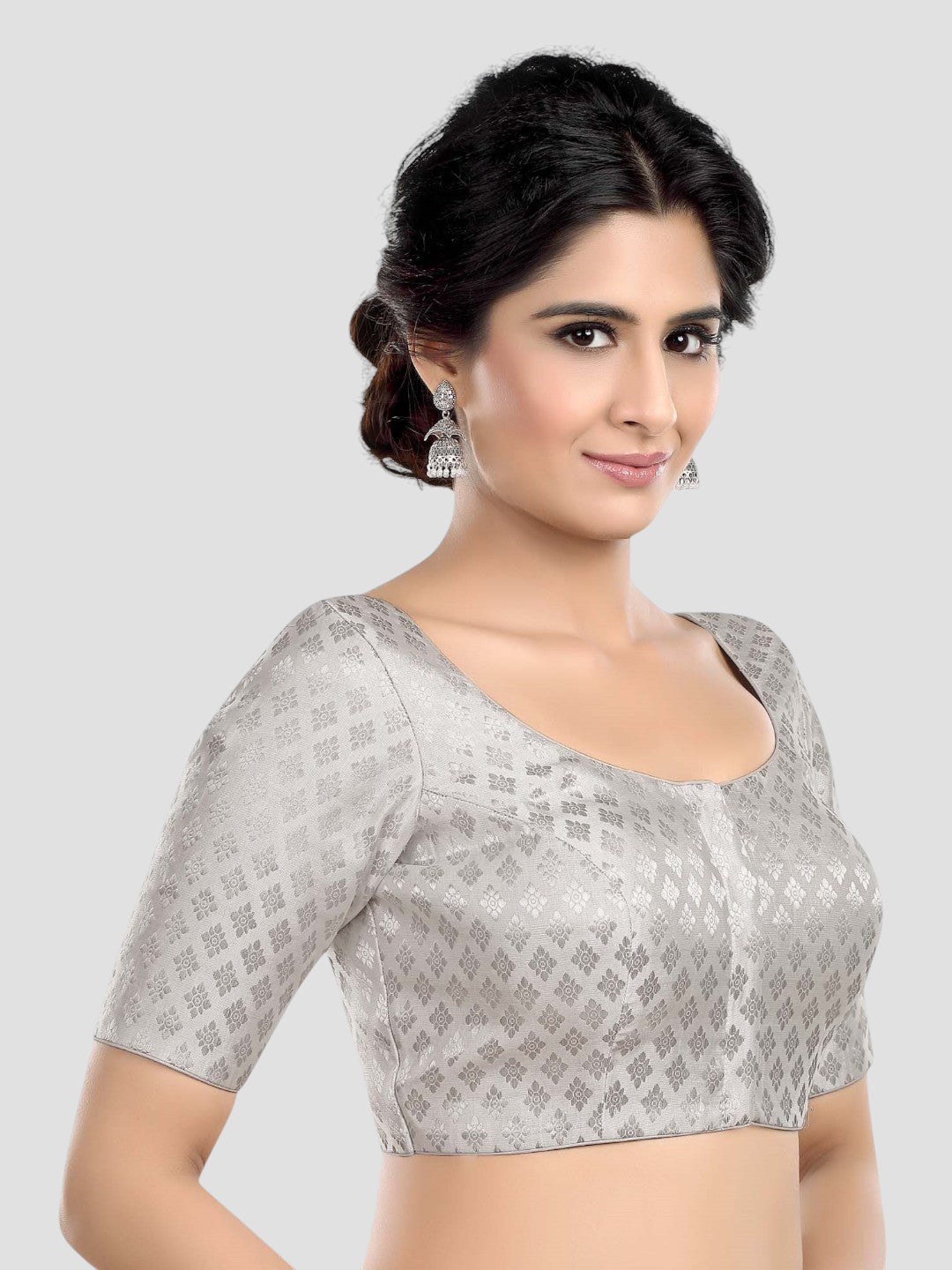 Silver Brocade Round Neck Half Sleeves Readymade Blouse