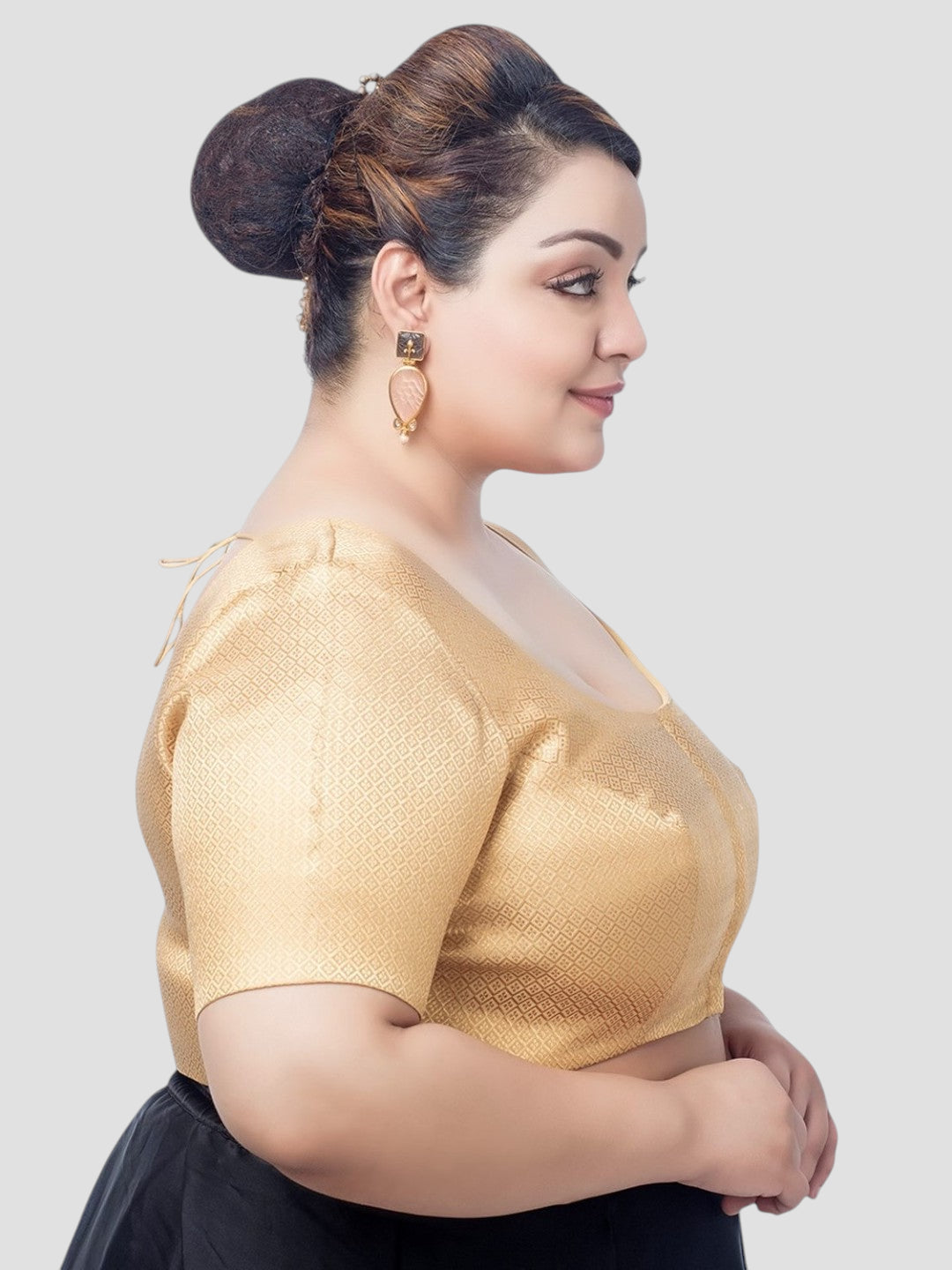 Golden Brocade Round Neck Half Sleeves Readymade Blouse