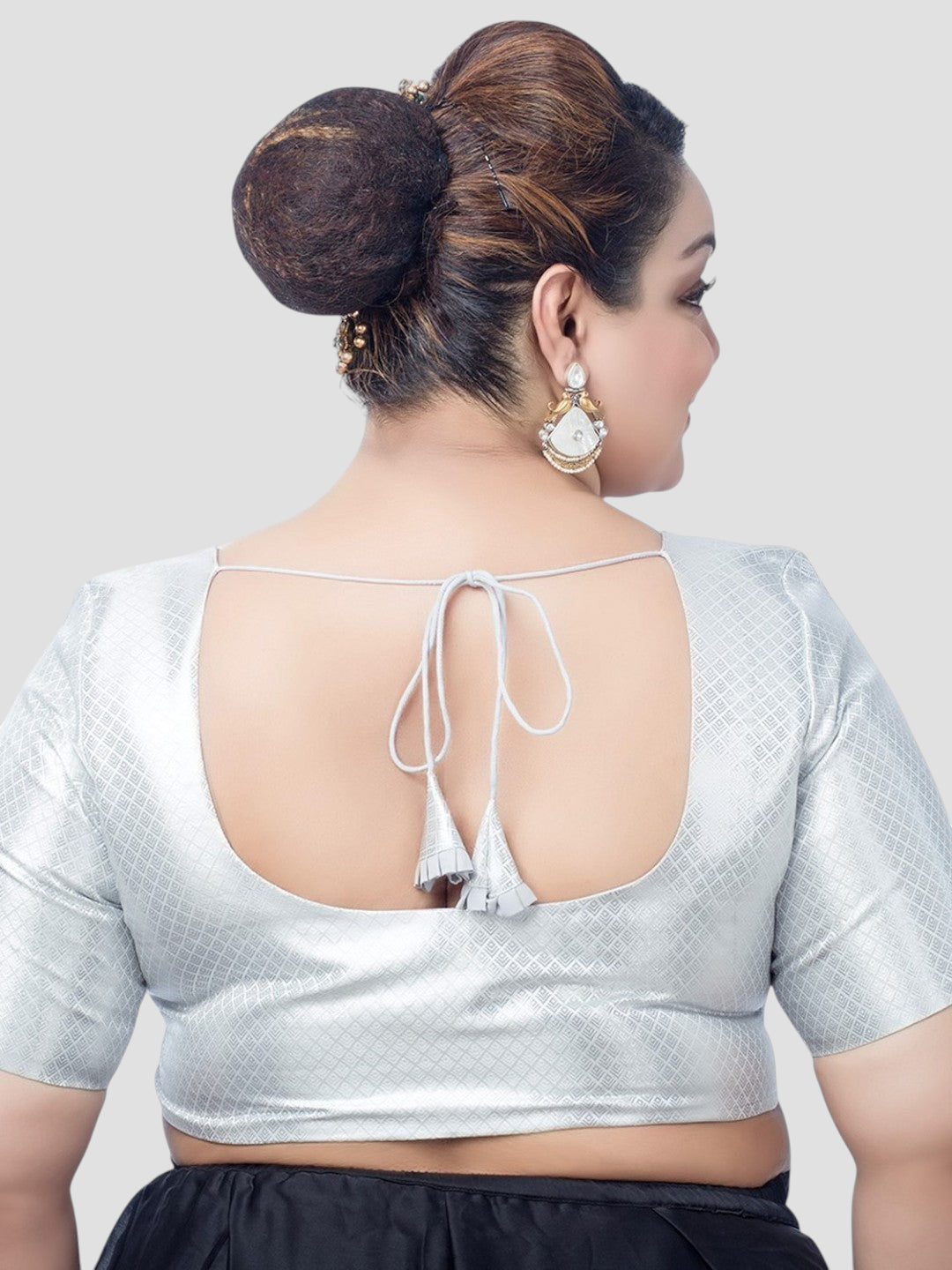 Silver Brocade Round Neck Half Sleeves Readymade Blouse