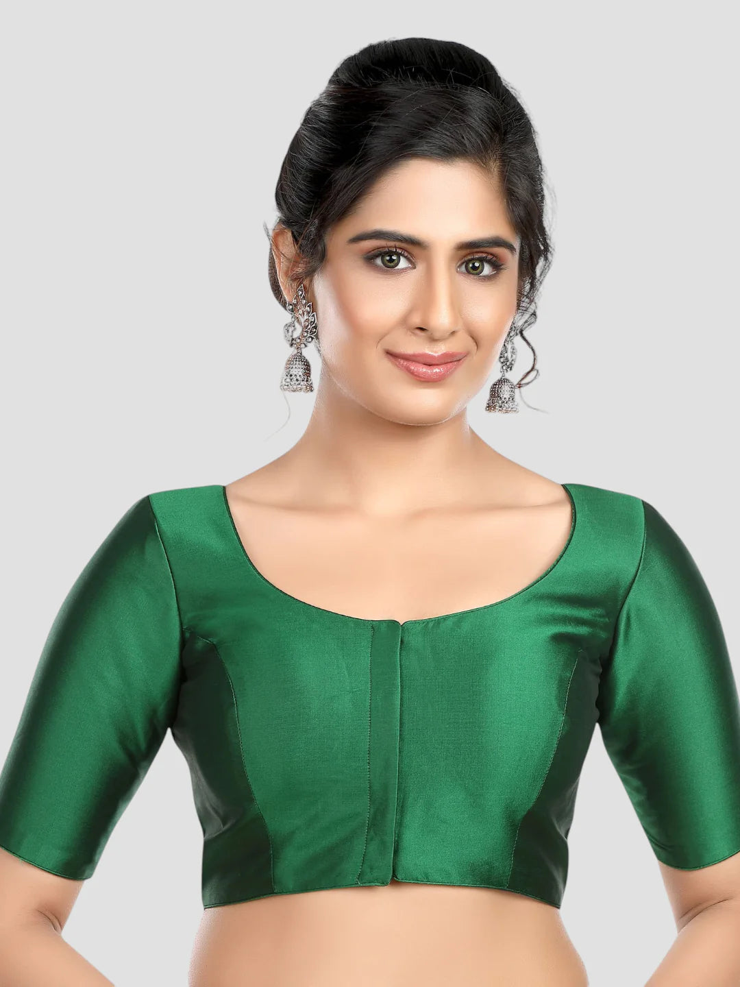 Green Silk Round Neck Half Sleeves Readymade Blouse