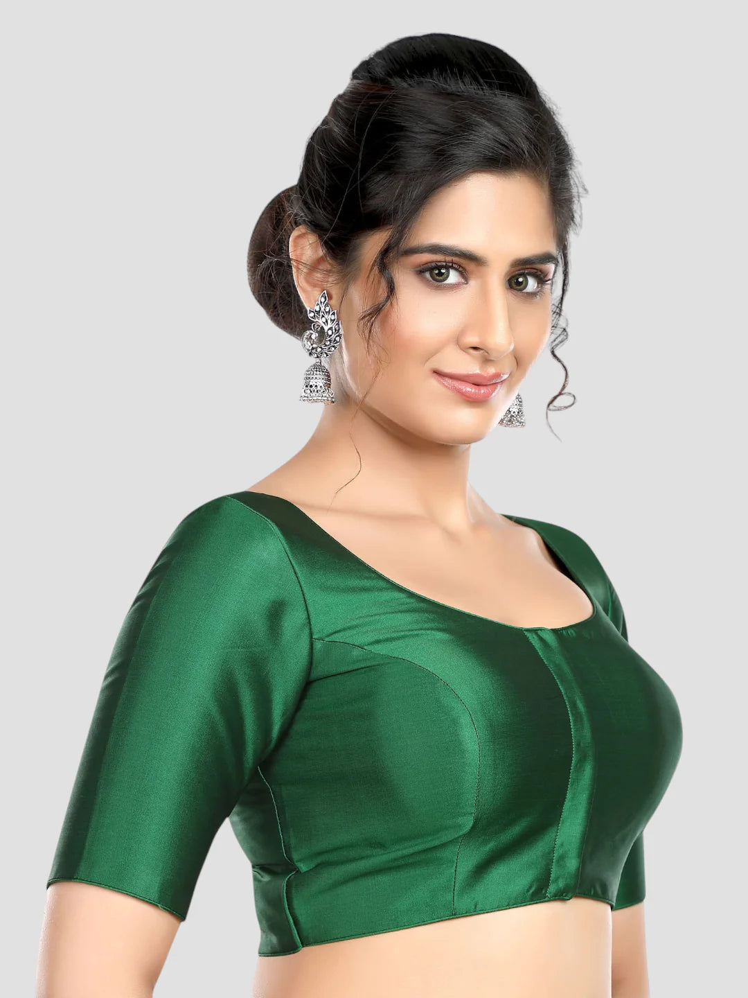 Green Silk Round Neck Half Sleeves Readymade Blouse