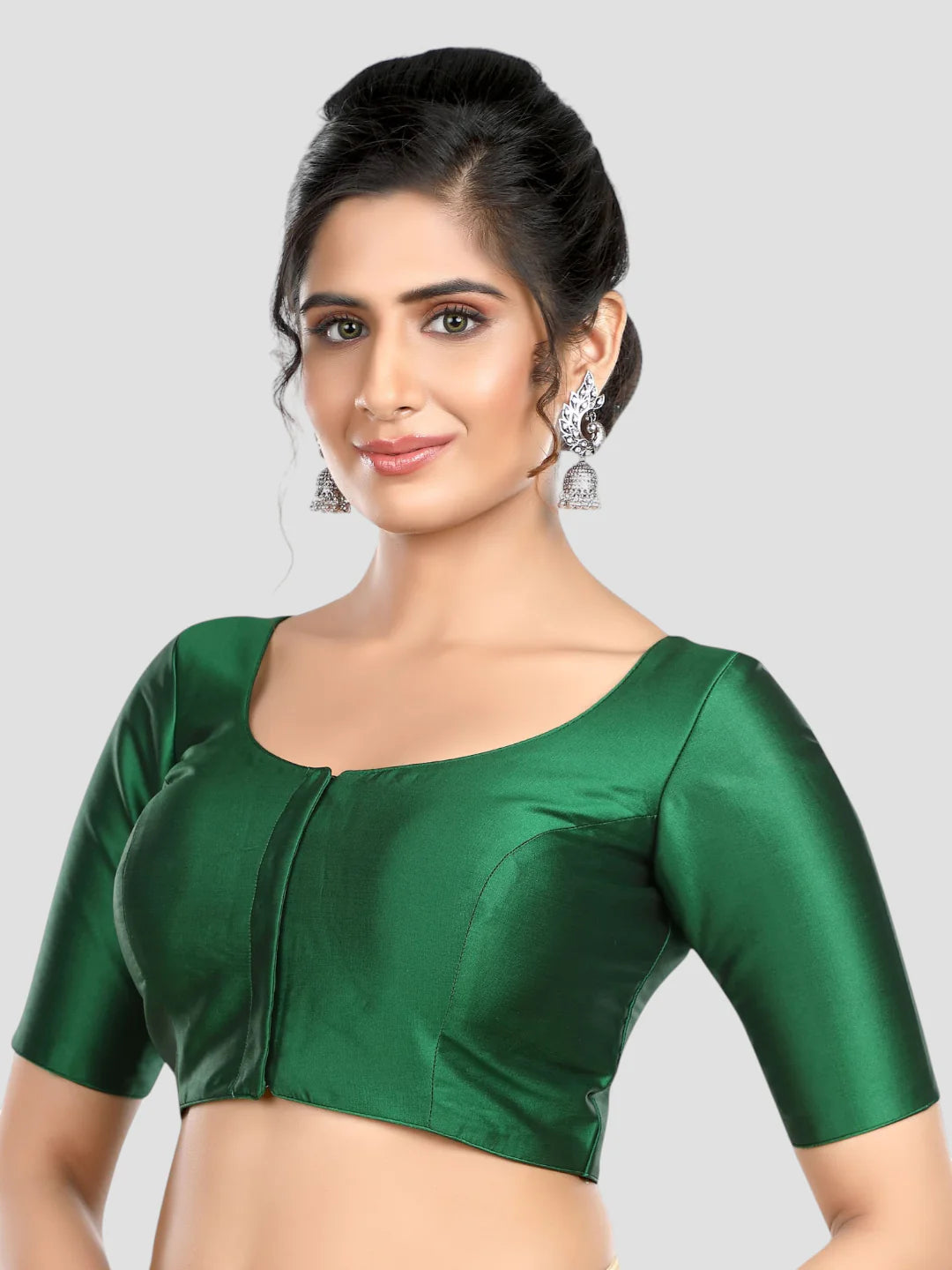 Green Silk Round Neck Half Sleeves Readymade Blouse