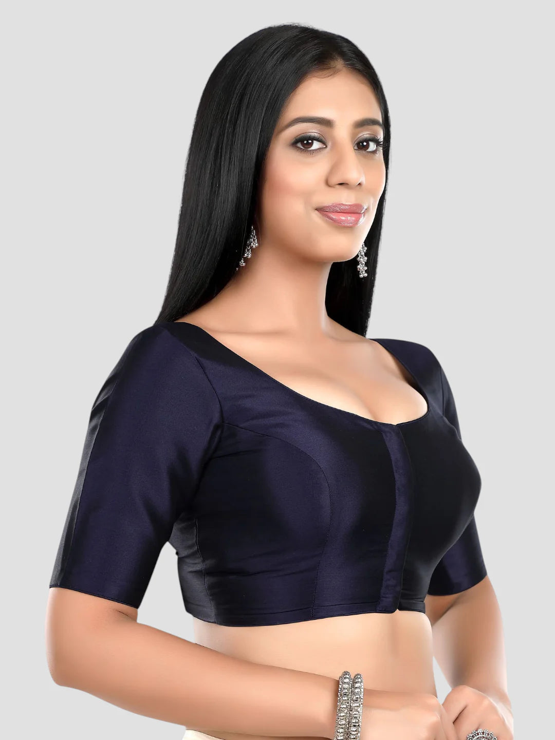 Navy Bule Silk Round Neck Half Sleeves Readymade Blouse