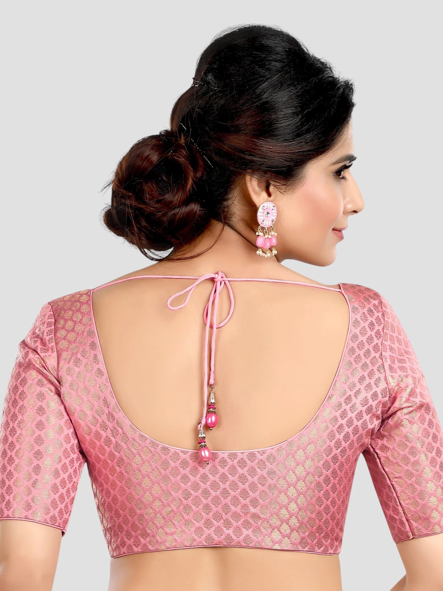 Baby Pink Brocade Round Neck Half Sleeves Readymade Blouse