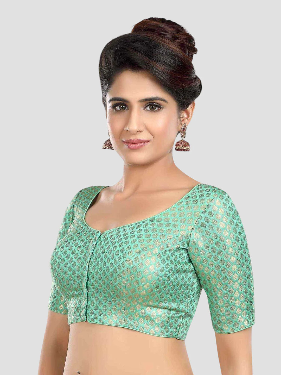 Sea Green Brocade Round Neck Half Sleeves Readymade Blouse