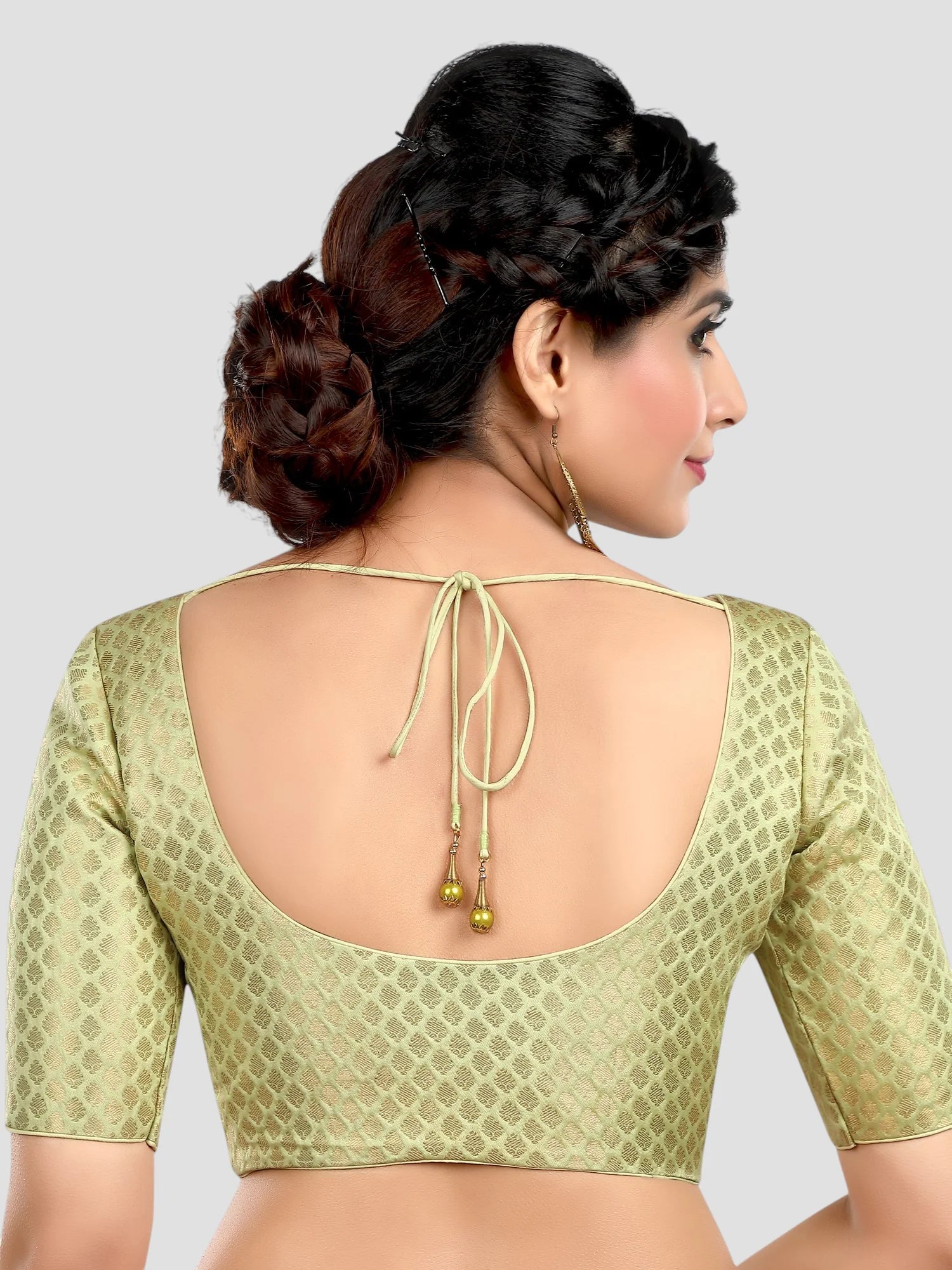 Pista Green Brocade Round Neck Half Sleeves Readymade Blouse