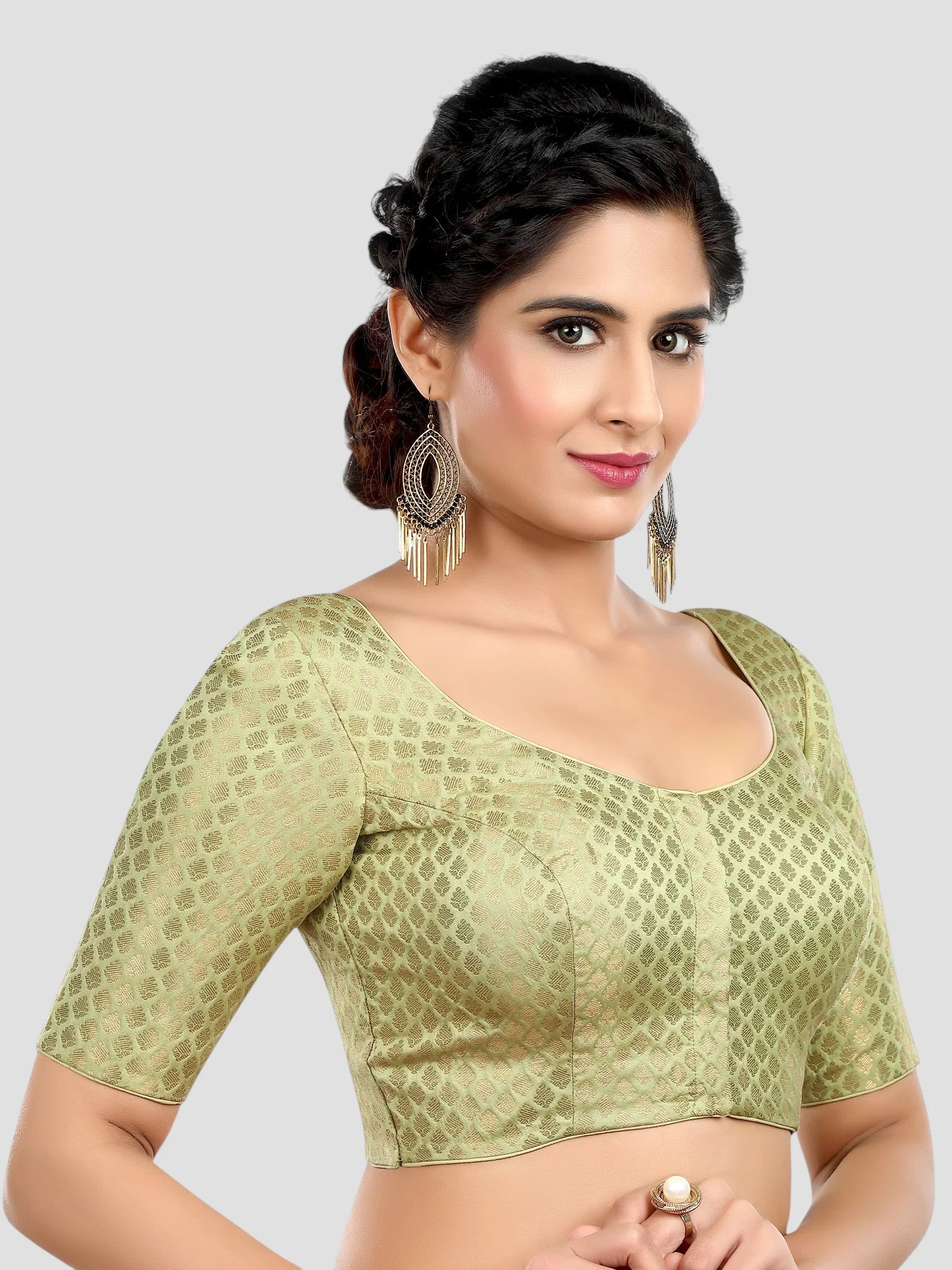 Pista Green Brocade Round Neck Half Sleeves Readymade Blouse