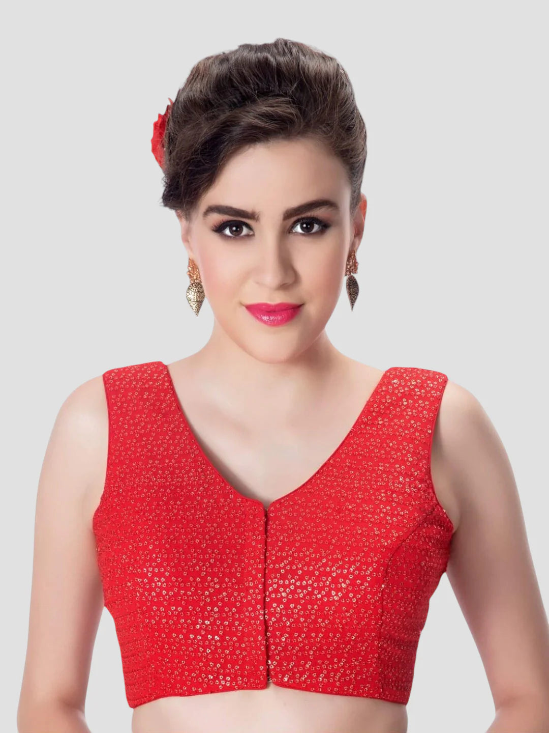 Red Sequence V Neck Sleeveless Readymade Blouse