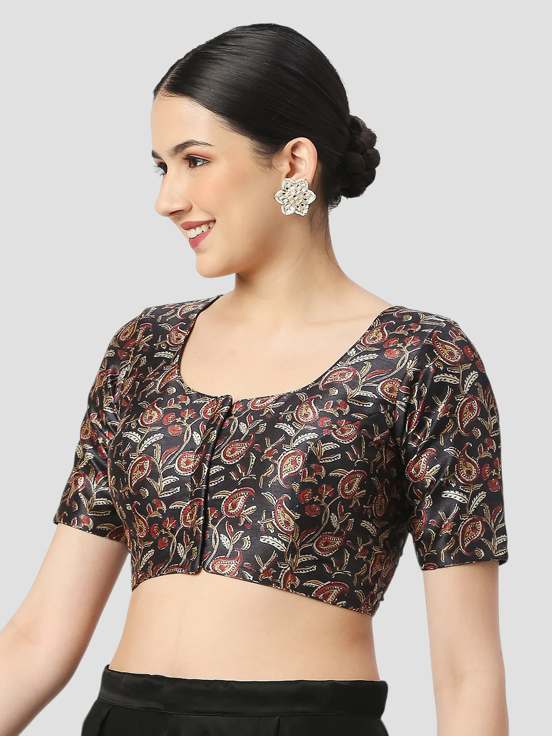 Black Silk Round Neck Half Sleeves Readymade Blouse