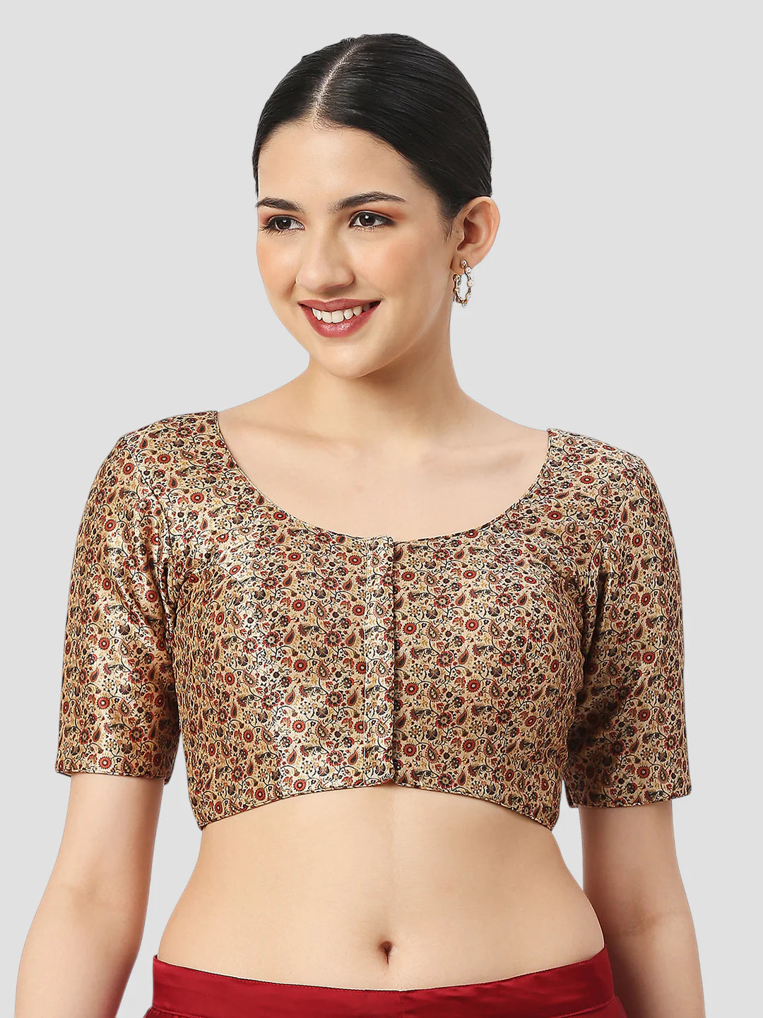 Cream Silk Round Neck Half Sleeves Readymade Blouse