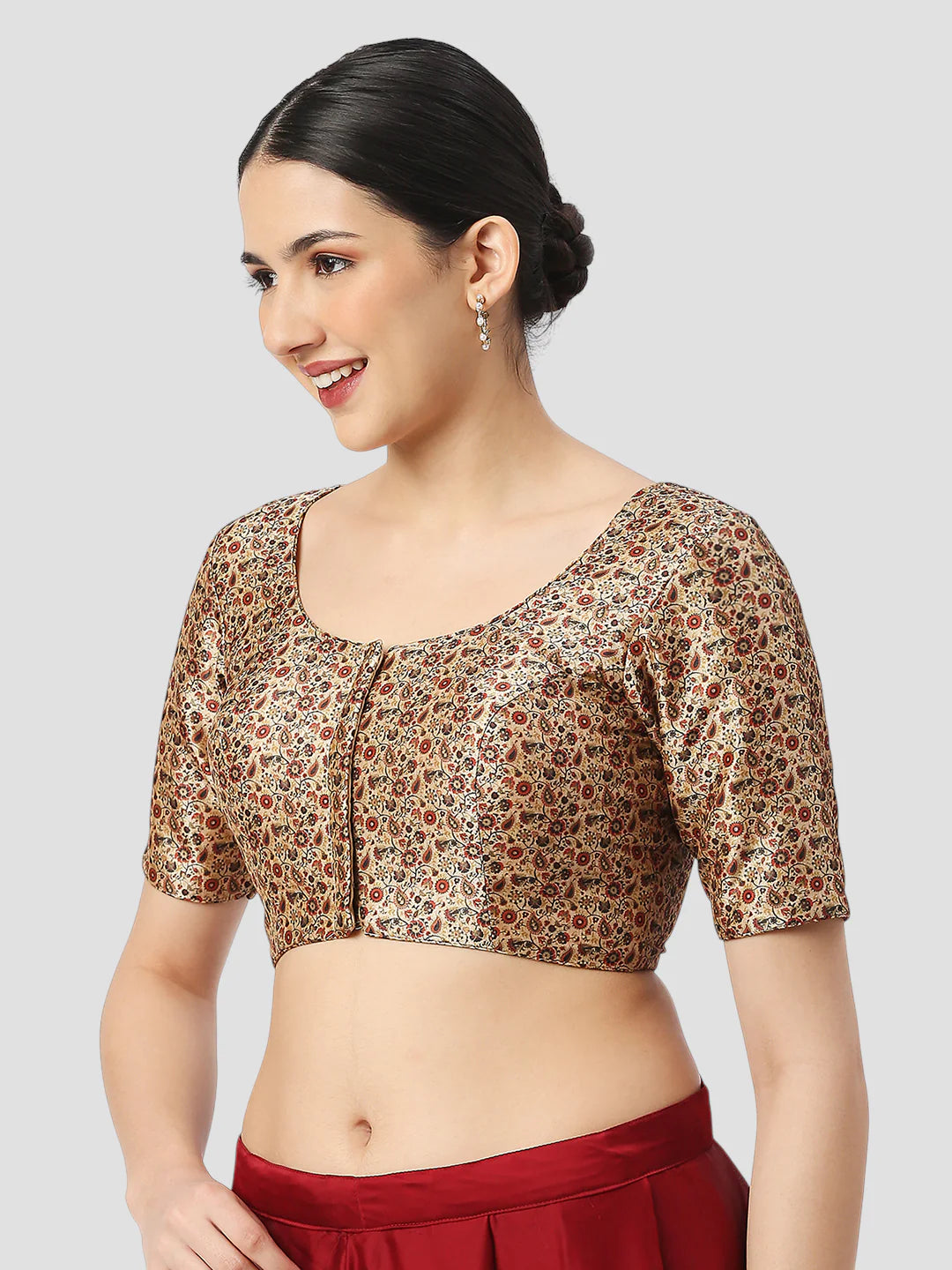 Cream Silk Round Neck Half Sleeves Readymade Blouse