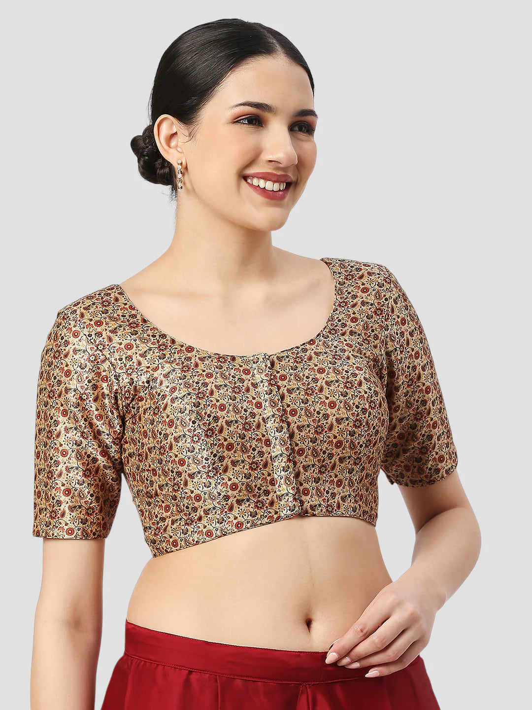 Cream Silk Round Neck Half Sleeves Readymade Blouse