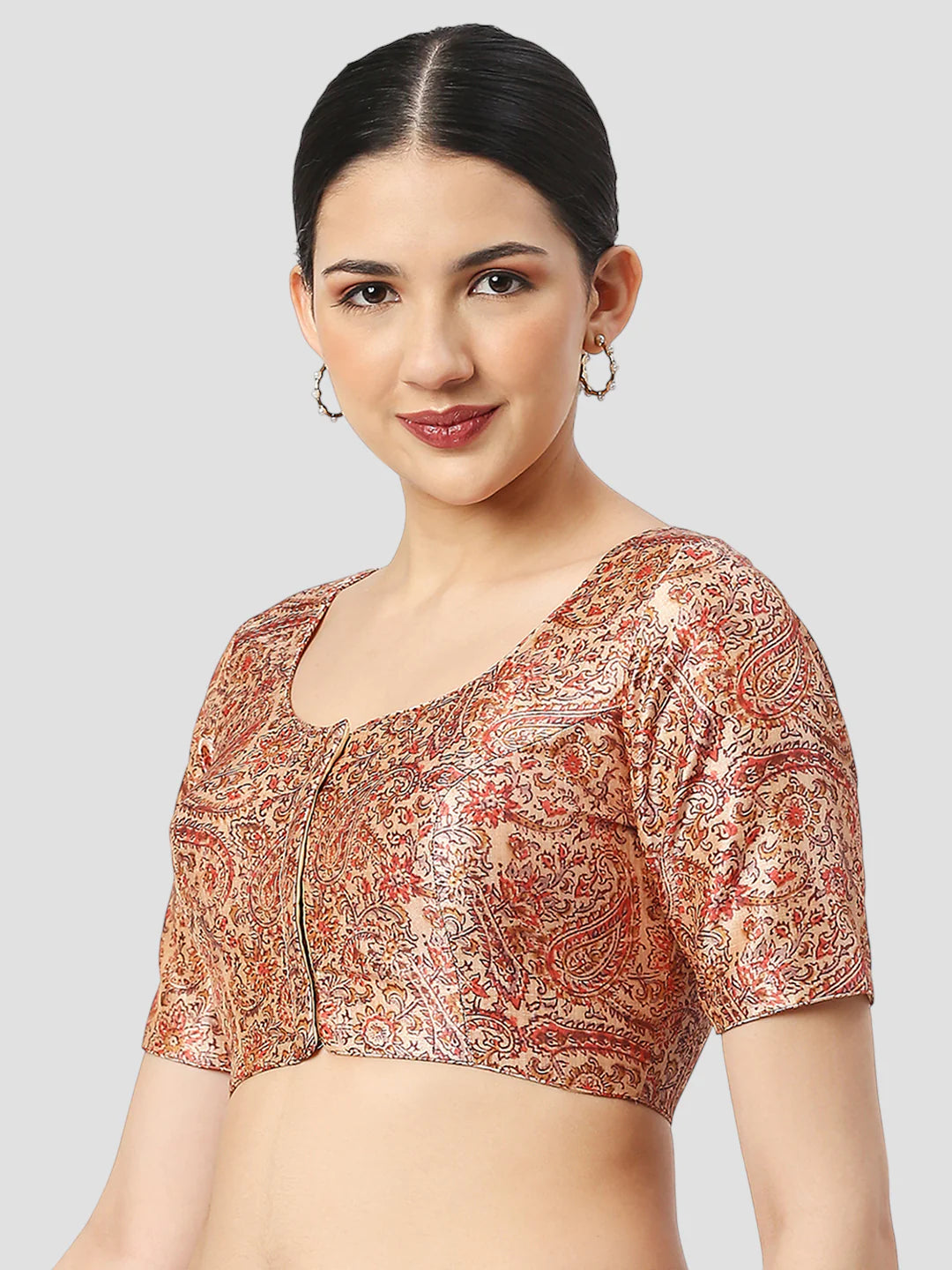 Red Bhagalpuri Silk Round Neck Half Sleeves Readymade Blouse