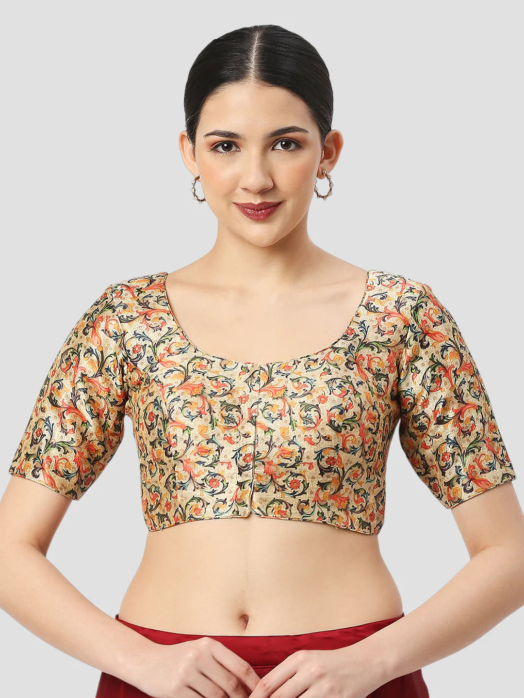 Multicolor Silk Round Neck Half Sleeves Readymade Blouse