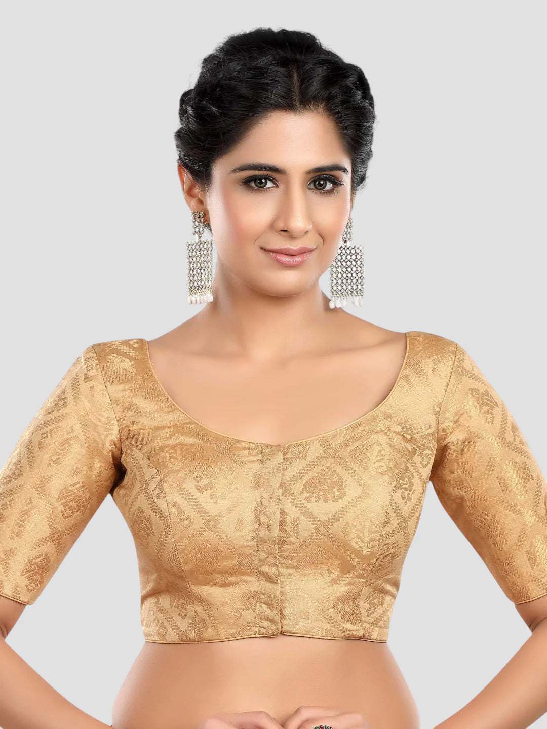 Gold Brocade Round Neck Half Sleeves Readymade Saree Blouse